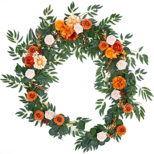 Tinge Time 9Ft Artificial Eucalyptus Garland With Flowers, Fake Rose Vine For Wedding Sweetheart Table Fall Centerpieces For Tables Decor Arch Backdrop Ceremony Reception Decorations (Burnt Orange) #TOP24