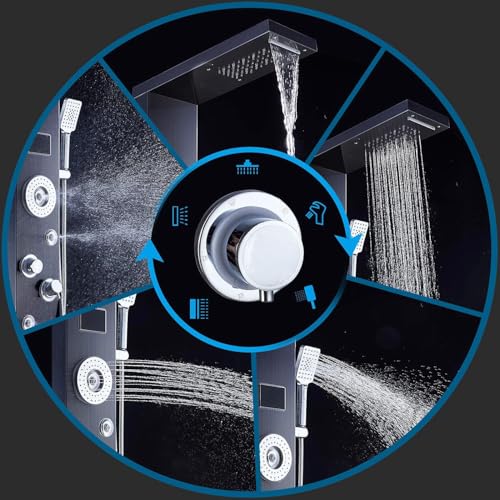 Image of ELLO&ALLO LED Rainfall Waterfall Shower Head Rain Massage System with Body Jets Stainless Steel Bathroom Shower Panel Tower System, Brushed Black