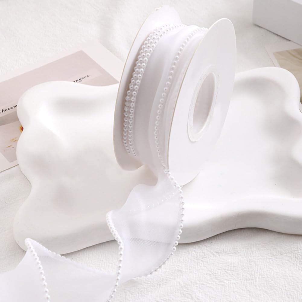 CABODYALS 4.57M 40mm White Faux Pearl Edged Ribbon Organza Sheer Fishtail Yarn Trim Mesh Shimmer Transparent Ribbons Rolls with Spool for Diy Crafts Corsage Wedding Invition Cake Decoration - Image 4