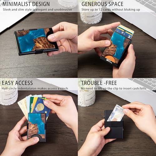 Image of Slim Card Holder Wallet for Men, Minimalist RFID Blocking Pop Up Wallet, Smart Metal Business Card Case Holds 12 Cards, Ultra-Thin Front Pocket Wallet, Gifts for Men