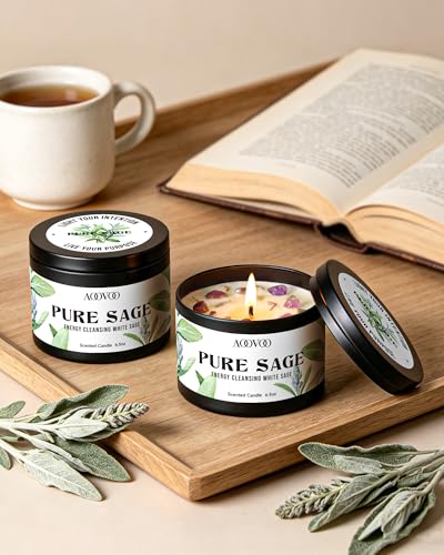 Image of AOOVOO 2 Pack Sage Candles - Cleansing Candle with Crystals & Sage Leaves Inside, 13oz 100 Hours Long Lasting, Non Toxic Candle for Spiritual House Energy Meditation Yoga