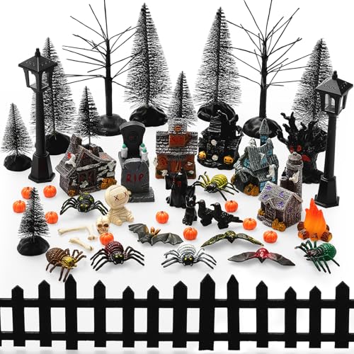 Seenelling 50 Pcs Halloween Village Accessories Set Halloween Resin Haunted House Miniature Tombstone Skulls Spiders Fence Streetlamp Bare Branch Trees Pumpkin Figurines for Home Table Landscape Decor