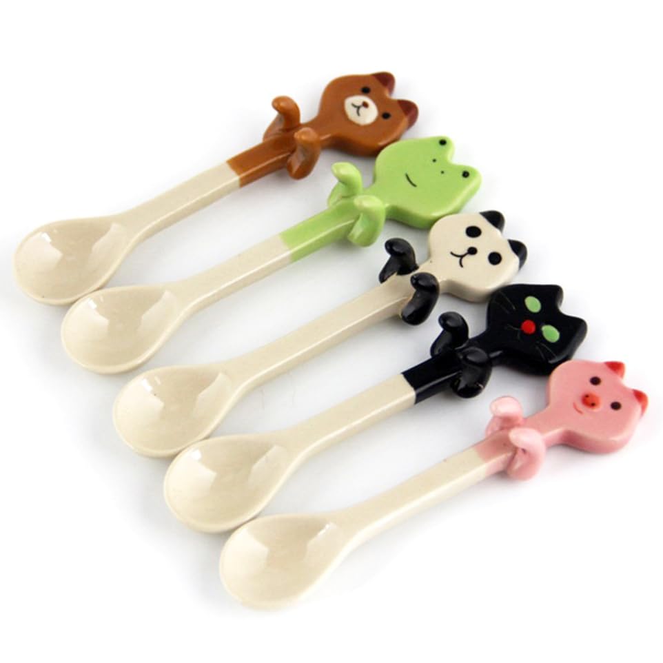Milisten Ceramic Coffee Spoon Set: 5-Piece Cute Cartoon Animal Hanging Spoons - Fine Porcelain Dessert Mini Teaspoons for Stirring Tea Espresso Sugar