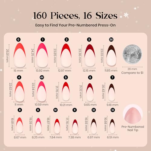 Image of Beetles X Press Red French Tip Nails - Fierce French | 5 Colors Press On Nails Medium Almond | 16 Sizes 160 Pcs Natural Salon Quality