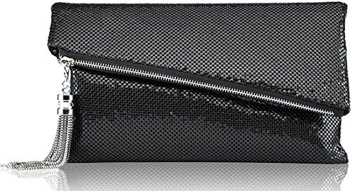 ROVOYCE Envelope Clutch Foldover Bling Metal Mesh Oversized Evening Purse with Metal Tassel