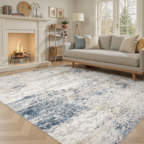 DMOYEST Washable Rugs Living Room 200x300cm Abstract Carpet Beige Blue