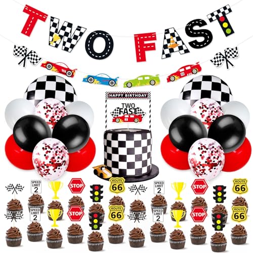 Bessmoso Two Fast Race Birthday Decorations 52 Pcs Racing Car Party Supplies 2nd Fast Birthday Decorations Include Race Car Balloons Banner Cake Topper Cupcake for Racing Theme Party Decoration - image 1