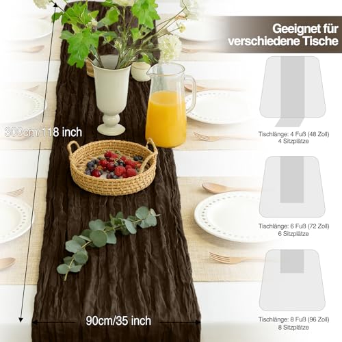 Käsetuch Tischläufer Braun, 300 x 90 cm Boho Gaze Tischläufer Cheesecloth Läufer für Hochzeit, Geburtstagsfeiern, Babypartys, Weihnachten und Silvester von Tisch Dekoration