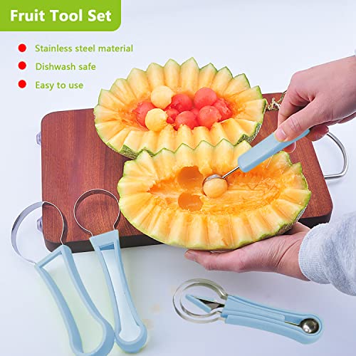 Melon Baller Scoop Set,4 In 1 Stainless Steel Fruit Carving Tools,Seed Remover For Watermelon Slicer,Dig Pulp Separator Fruit Slicer(Blue) #TOP1