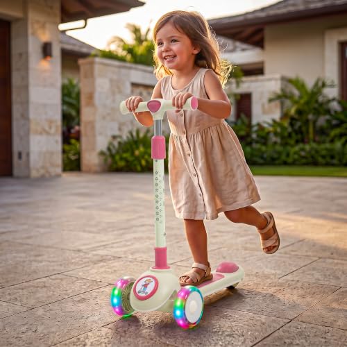 Image of Baybee Rydelle 3 Wheel Kick Scooter for Kids with LED Light Up Wheels & Music | Foldable, 3 Height Adjustable Kid Scooter Handle & Brake | Runner Scooters for Kids 2 to 10 Years Boys Girls (Cream)