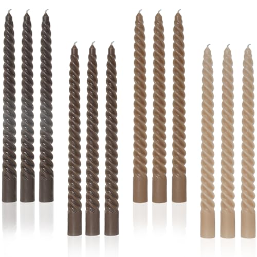 LPUSA Brown Tall Taper Candles Spiral Candle Sticks,Unscented pastel Candle for Holiday,Wedding and Home Decoration,10inch,12 PACK(E-Gradient brown)