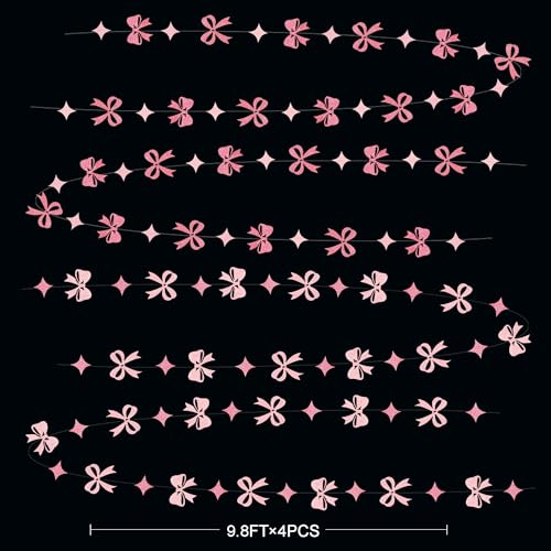 Image of Pink Bow Decorations Pink Glitter Paper Star Bow Hanging Garland Streamer Banner for Coquette Birthday Bridal Shower Wedding Anniversary Bachelorette Engagement Baby Shower Party Decorations Supplies