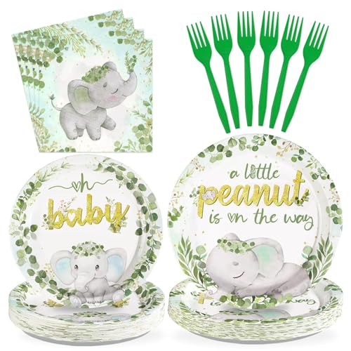 96 Pcs Elephant Baby Shower Party Supplies Sage Green Elephant Plates and Napkins A Little Peanut Is On The Way Paper Plates Napkins for Boy Girl Gender Reveal Birthday Party Supplies Serves 24