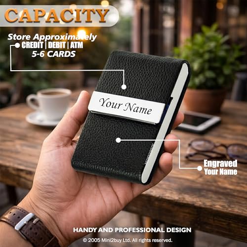 Image of Mini2buy Customized Unisex Vertical Card Holder Name Engraved for Credit|Debit|ATM|Business Visiting RFID Blocking Stainless Steel (1 x 10 x 6 cm) Personal Corporate Gift (S-Plan Black)
