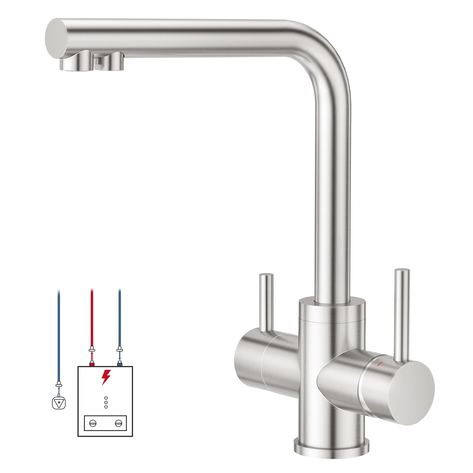 CREA Niederdruck Armatur Küche, 3 Wege Wasserhahn Küche, 360° Drehbar Küchenarmatur, 3 in 1 Mischbatterie für Wasserfilter, Trinkwasserhahn mit 2 Hebel, Drei Wege aus Edelstahl,Gebürstete Oberfläche