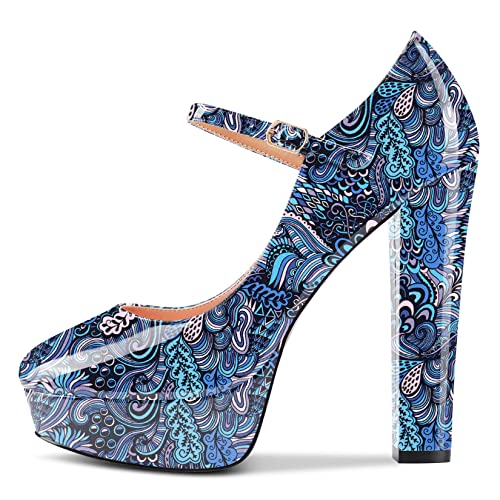 HDEUOLM Mujer Chunky Ancho Alto High Plataforma Heel Mary Jane Redonda Punta Pumps Slip on Fiesta Dress Zapatos 13 CM Heels Azul Multicolor 36 EU