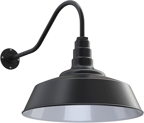 Miniatura 1 de Steel Lighting Co. Redondo - Luz de granero  De anochecer a amanecer  Montada en la pared al aire libre  Cúpula de 20 pulgadas  Cuello de cisne de