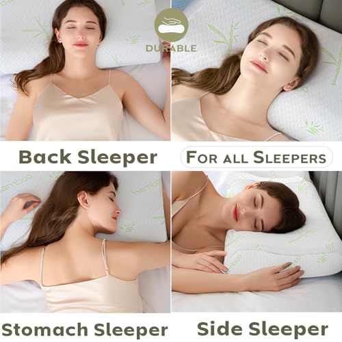 Image of AYKA Bamboo Cervical Memory Foam Pillow for Neck & Shoulder Pain Relief | Orthopedic Contour Pillow for Sleeping & Spinal Alignment | Ergonomic Support | 2-Year Warranty (Set of 2)