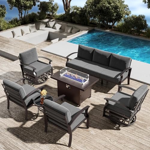 Image of Patio Furniture Set 7-Piece Aluminum Armrest Sofa, Modern Outdoor Living Room Set with 55000 BTU Propane Aluminum Fireplace, Outdoor Rotary Joystick with Thick Cushion