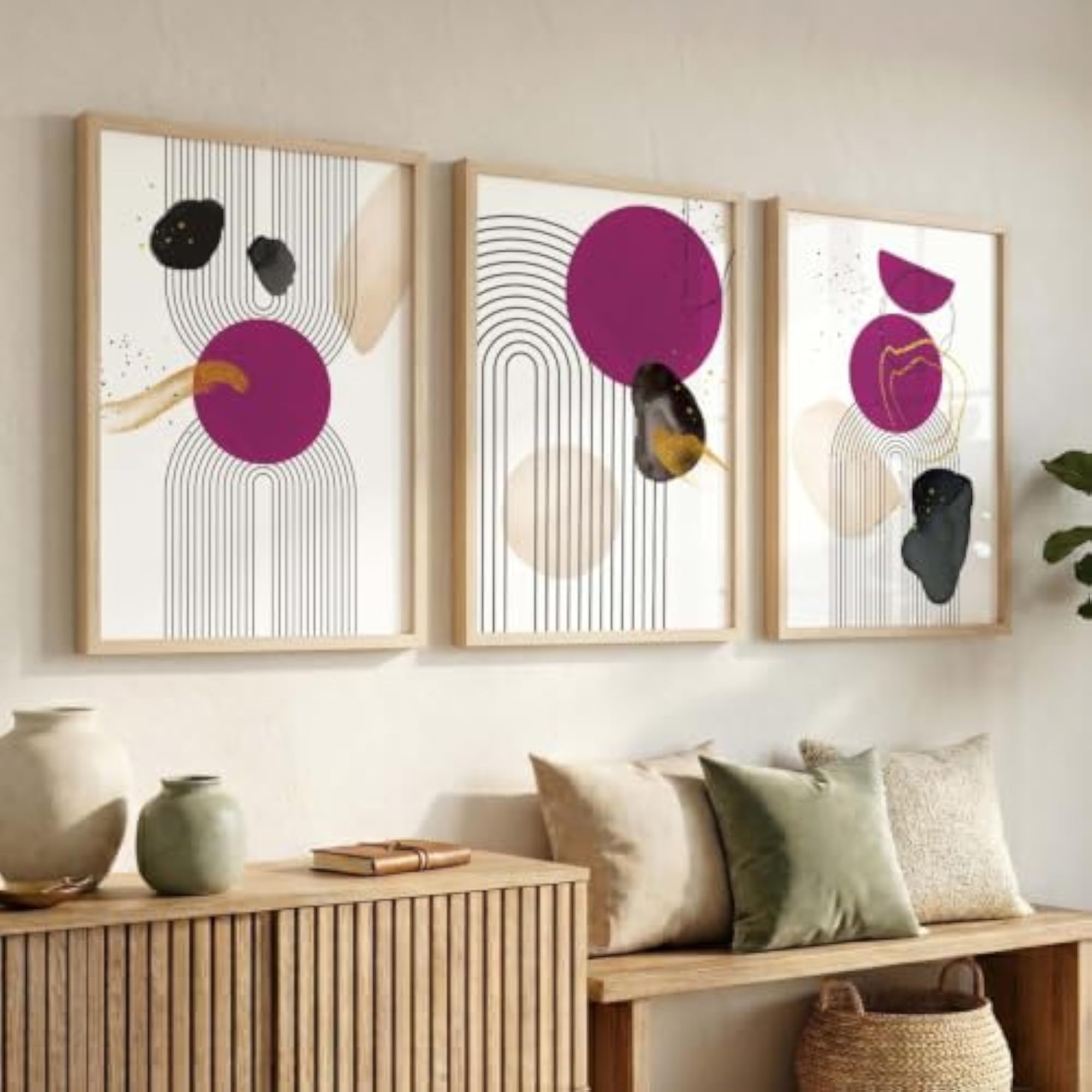 Boho Art Set of 3 Modern Paintings with Frame