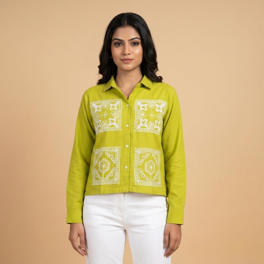 Image of Stylish Women's Embroidered Shirts | Geometric Pattern Half Sleeve Collared Button-Up Casual Shirt for Women