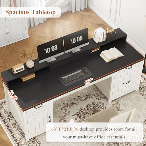 Image of SEDETA Farmhouse 63 inch Executive Desk, Home Office Desk with File Drawer and Monitor Stand, Computer Desk with Drawers and Storage Cabinet, Wood Desk for Work Study Writing, White