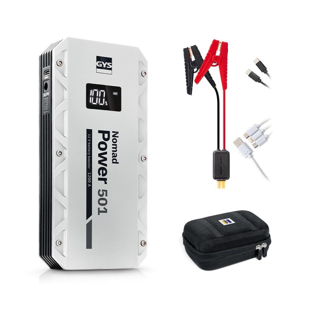 GYS, Nomad Power 501, Démarreur/​Booster Batterie Lithium Portable 1500A, Véhicules 12V (Moto, Voiture), Démarrage Sécurisé, Batterie Externe 5.25Ah (PowerBank), Lampe LED, Ecran LCD