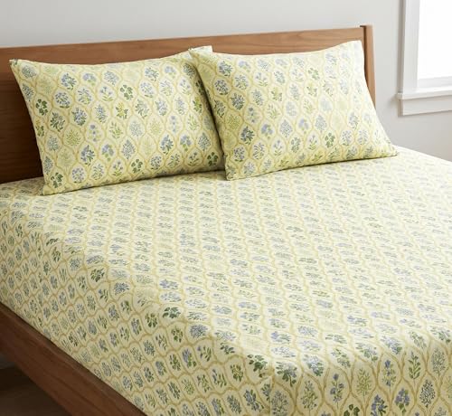 DECOMIZER Cotton Feel All Around Elastic Fitted Glace Printed King Size Double Bed Bedsheet with 2 Large Pillow Covers Fits Upto Mattress of 8 Inches,