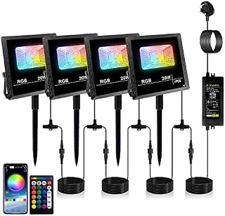 LED Floodlight Outdoor,Low Voltage 4 * 20W RGB Color Changing Outdoor Spotlight App Control Flood Lights Outdoor IP66 Waterproof Pathway Halloween Outdoor Garden Lights,Wall, Garden,Tree Lights