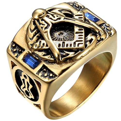 KUTCEK Anillo masónico para hombre, piedra azul, chapado en oro, acero inoxidable, joyería vintage, símbolo fraternal, regalo para él, 13, Acero inoxidable
