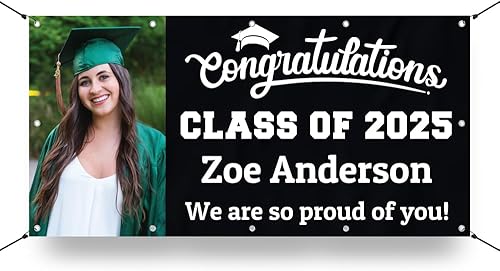 Letrero de Banner de Vinilo Personalizado con Foto de Graduación – Foto y Nombre Personalizados de la Clase de 2025 – Milweb1 – Negro – 2'x4'
