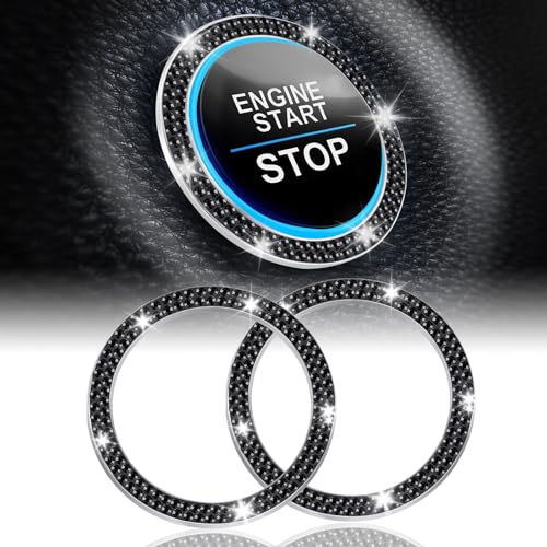 LivTee 2 PCS Crystal Double Rhinestone Car Engine Start Stop Decoration Ring, Bling Car Interior Accessories for Women, Push to Start Button Cover/Sticker, Key Ignition & Knob Bling Ring, Black