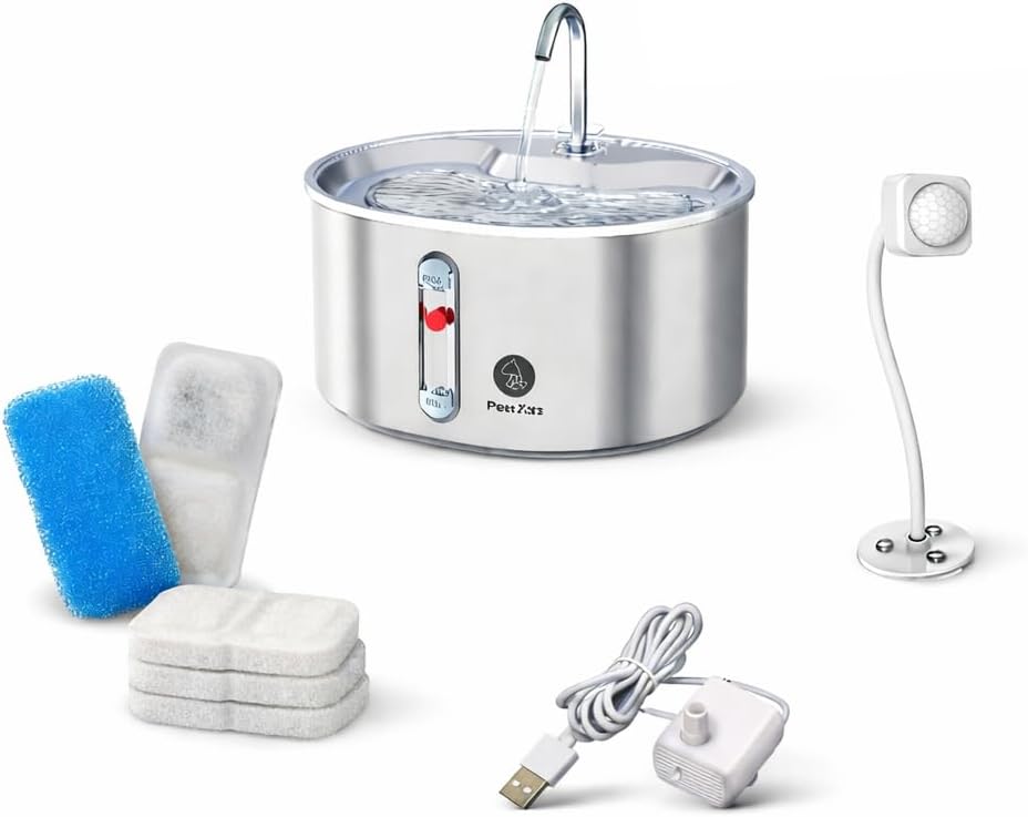 Cat Water Fountain Bundle – Stainless Steel Pet Fountain with Motion Sensor, Quiet Pump & Replacement Filters, Automatic Drinking Fountain for Cats & Small Pets