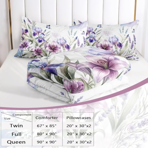 Image of AILONEN Purple Bloom Comforter Set Full Size, Lavender Butterfly Bedding Ensemble, Watercolor Garden Bedspread Quilt with 2 Pillowcases for Teen Room