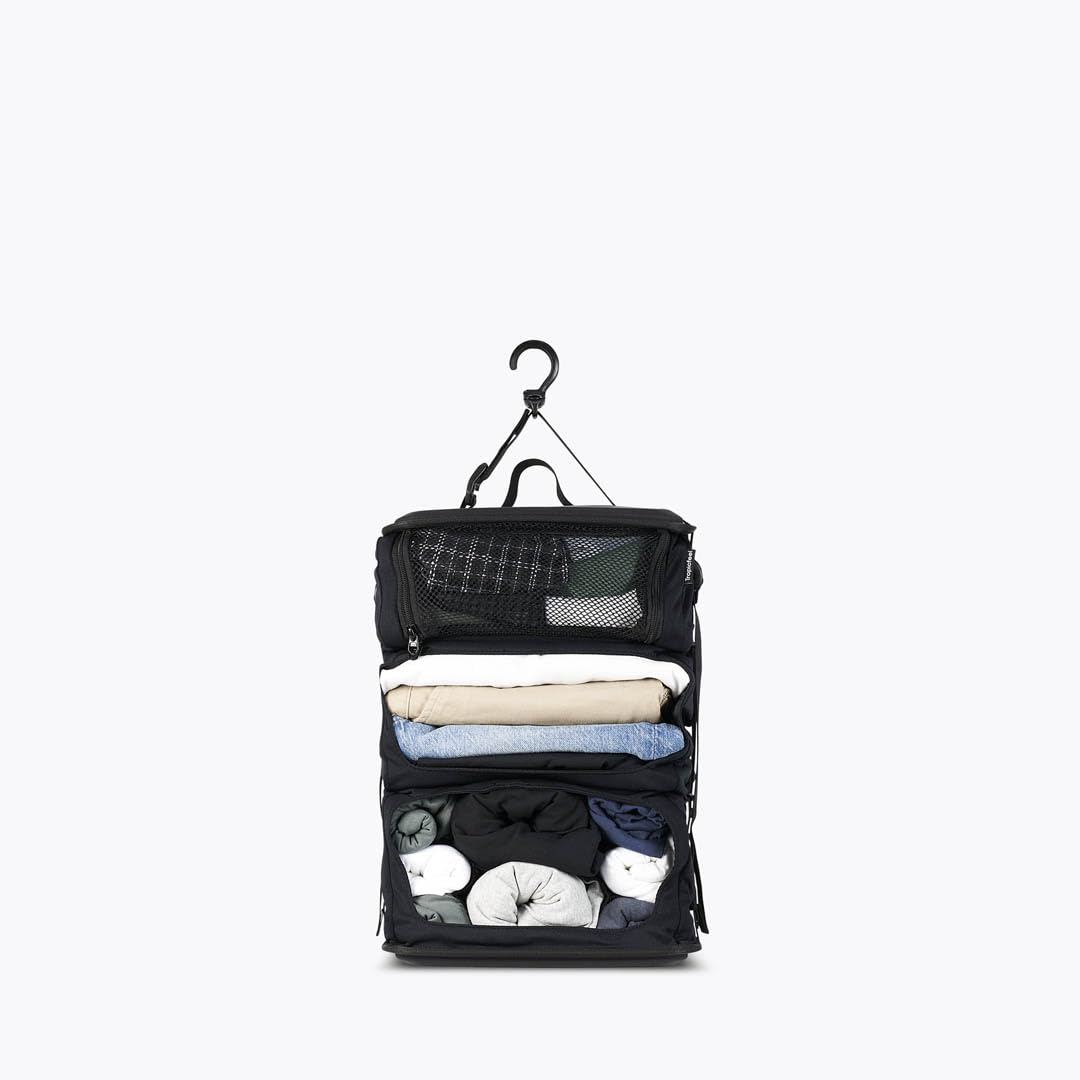 Tropicfeel Szafa w kolorze czarnym, podróżny system garderoby/organizer na ubrania, pasuje do każdego plecaka lub torby o wymiarach 60 cm x 28 cm x 18 cm, wiszący organizer podróżny (cały czarny)