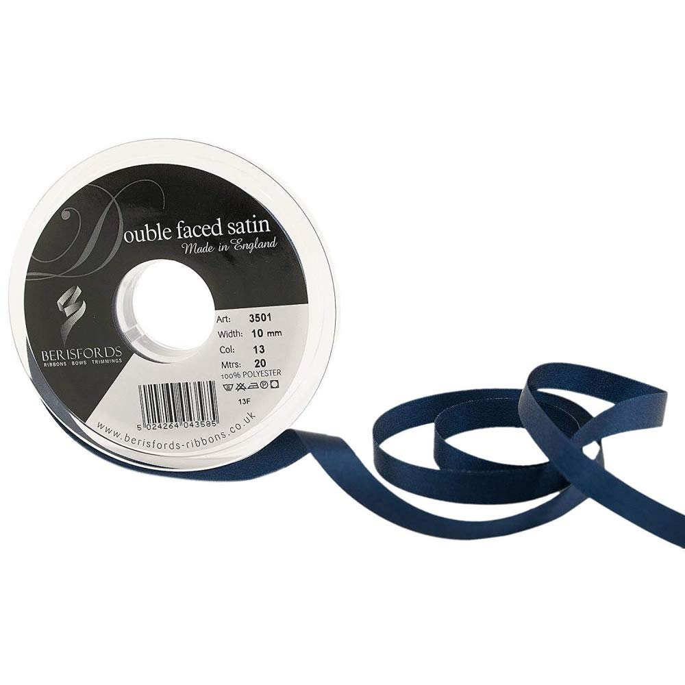 Berisfords 3501 Double Satin Ribbon, Navy, 10 mm