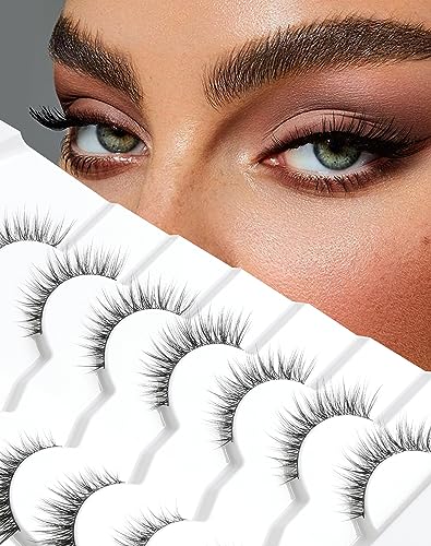 Cat Eye Lashes Natural Look Wispy Foxy Eye Lashes Pack 3D Volume Faux Mink Eyelashes C Curl Thin Band False Eyelashes 9 mm 7 Pairs S6