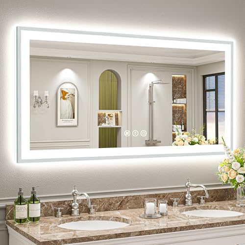 Image of 55x30 Brushed Nickel LED Bathroom Mirror with Lights, Backlit & Front-Lit, Anti-Fog, Framed Lighted Vanity Mirrors for Bathroom Wall, Dimmable, 3 Colors, Memory, Shatter-Proof, Tempered Glass