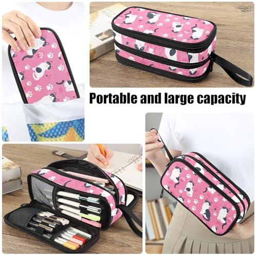 Image of Fustylead Cute Japanese Shorttail Cat and Paw Print on Pink Background Pencil Pen Case with 3 Compartments, Lightweight & Spacious Stationery Bag Cosmetics Bag