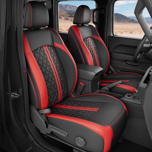 RIDEPOSH for Jeep Wrangler Seat Covers JL 4 DR Without Rear Cup Holder 2018 2019 2020 2021 2022 2023 2024 2025, Custom Fit Car Seat Covers Full Set, Waterproof Leather Seat Protector,BlackRed