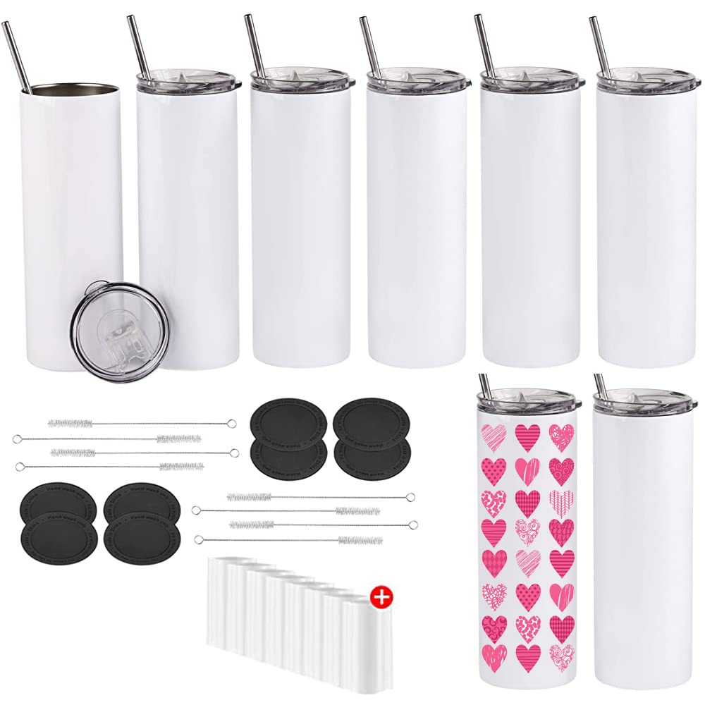 8 Pack Sublimation Tumblers 20 oz Skinny,Stainless Steel Double Wall Insulated Straight Sublimation Tumbler Cups Blank White with Lid, Metal Straw, Individually Boxed,Polymer Coating for Heat Transfer