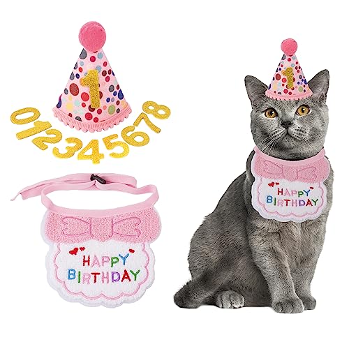 ADOGGYGO Cat Birthday Party Supplies Pink Girl Cat Kitten Birthday Bandana Hat Numbers Pet Birthday Decorations Outfits