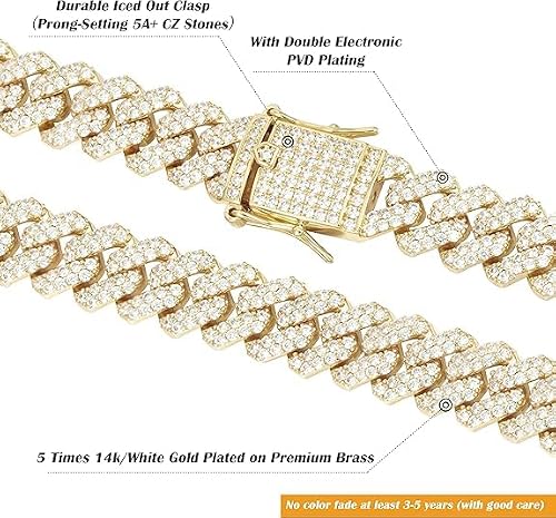 NOBYLO 12MM Heavy Miami Cuban Link Chain Necklace Real 14k Gold Plated Full Iced Out Chain Jewelry (18 Inches 14K Gold Plate) — view 4