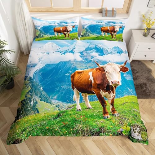 Funda Nordica Cama 90 Animales de Vaca Funda Edredon Microfibra Suave 3D Juego de Ropa de Cama Paisaje de Montaña Nevada Funda Nordica 150x200 y 2 Fundas de Almohada 50x75 cm x.2876