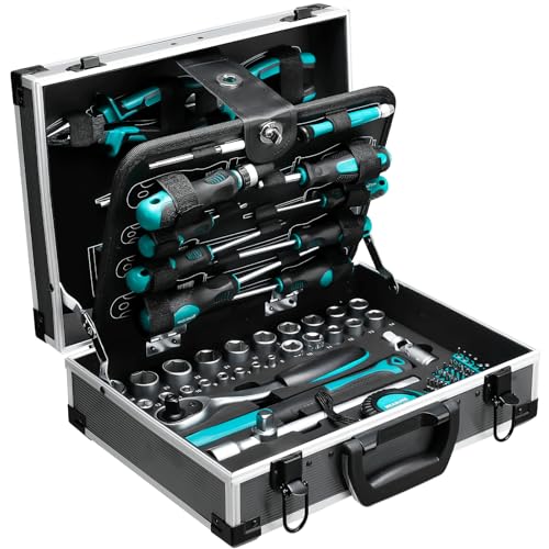 TLGREEN Maletín de herramientas de aluminio lleno de 122 piezas, caja de herramientas para taller, caja de herramientas equipada con llave de tubo, destornillador, etc. para manualidades, maestros del