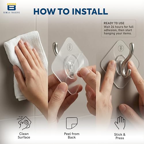 Image of Self Adhesive Wall Hooks - No Drill, Waterproof & Rustproof |Wall Hanging for Kitchen Tools, Bathroom, Bedroom Products Door Organizers Accessories Items |Easy Install (Transparent PO10)