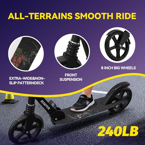 Image of Nattork Kick Scooter for Age 6+ Kids Teens Adults, Max Load 240 LBS, Adjustable Height Foldable with 8 inch Large Wheels, Anti-Shock Suspension