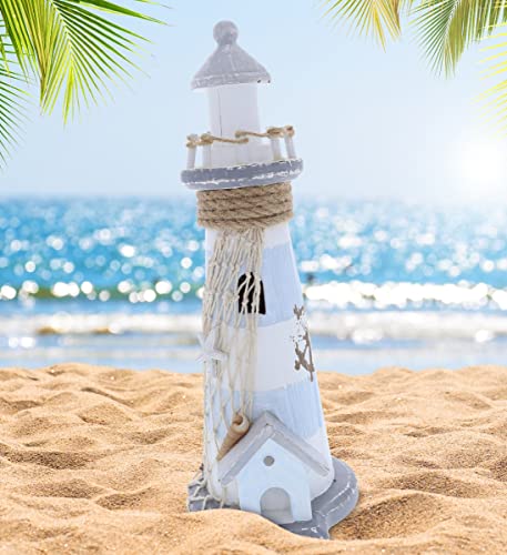 Cota Global Moonlight Wooden Lighthouse Decor - Handcrafted Nautical Decor Lighthouse With Fish Net Ocean Decor Wood Sculpture Table Top Centerpiece Beach Decorations - 11.5 Inch #TOP4