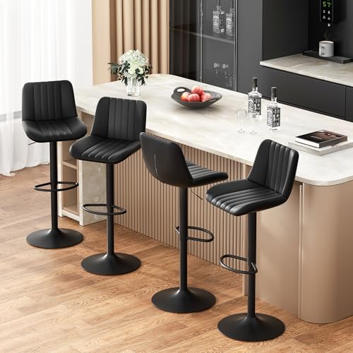 Image of JAMFLY Modern Leather Bar Stools - Swivel & Height-Adjustable Bar Chairs with Footrest, Ergonomic Design for Kitchen Island, Home & Commercial Bar - Set of 4, Black
