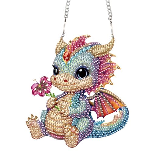 Image of Cute Dragon Diamond Art Kits for Adults Hanging Sign, Special Shaped Diamond Painting Pendant Suncatcher, DIY 5D Crystal Rhinestone Dragon Diamond Art Ornament for Wall Door Window Home Decoration
